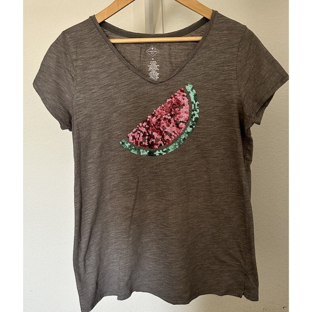 St John's Bay Womens Gray Top Sequin Watermelon Shirt Size M